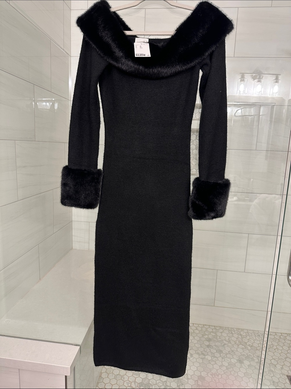 H&M Black Off-Shoulder Midi Dress with Faux Fur Collar and Cuffs
